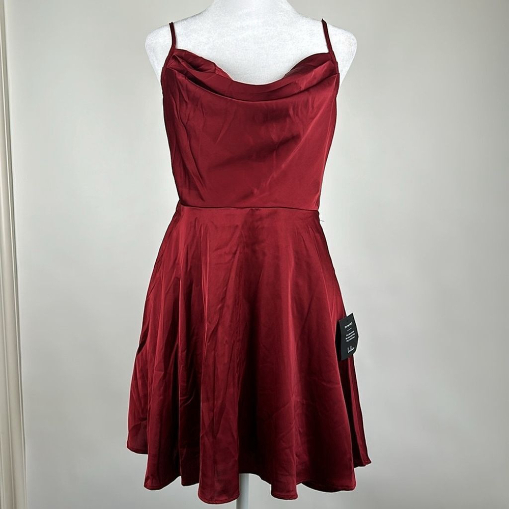 Lulus Fanciful Flirt Burgundy Satin Cowl Neck Skater Mini Dress Size Small - Picture 6 of 16